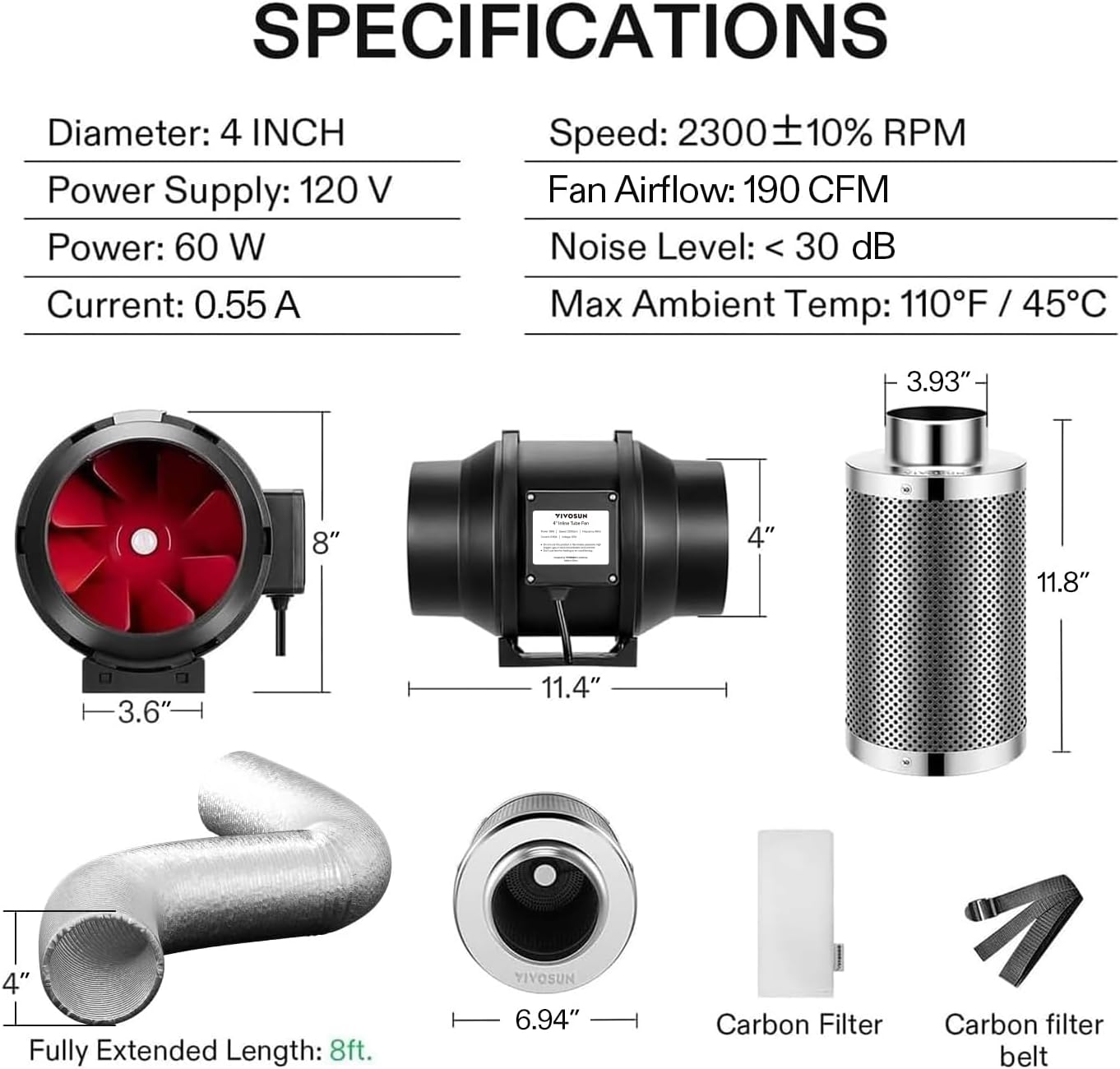 Grow Tent Ventilation System, 4 Inch Inline Duct Fan with Speed Controller, 4'' Carbon Filter, and 8ft. Ducting