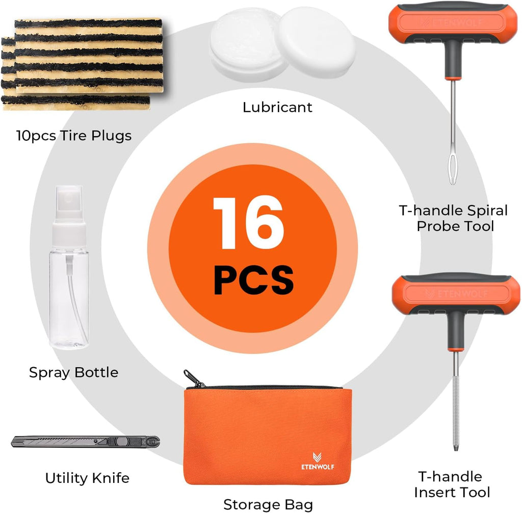 Flat Tire Repair Kit with Plugs 16 Pcs, Heavy Duty Tire Plug Kit