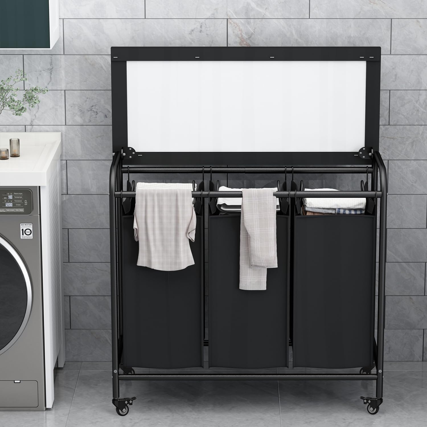 3-Bag Laundry Hamper with Ironing Board, Black 135L Laundry Sorter | Laundry Room Organization with Heavy Duty