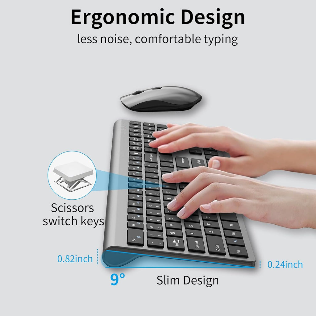Slim Silent Full Size Wireless Keyboard Mouse Combo Space Grey | With calculator key, 2400 DPI quiet mouse, USB