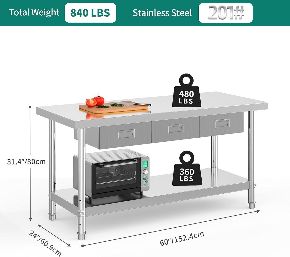 60" X 24" Stainless Steel Table with 3 Drawers