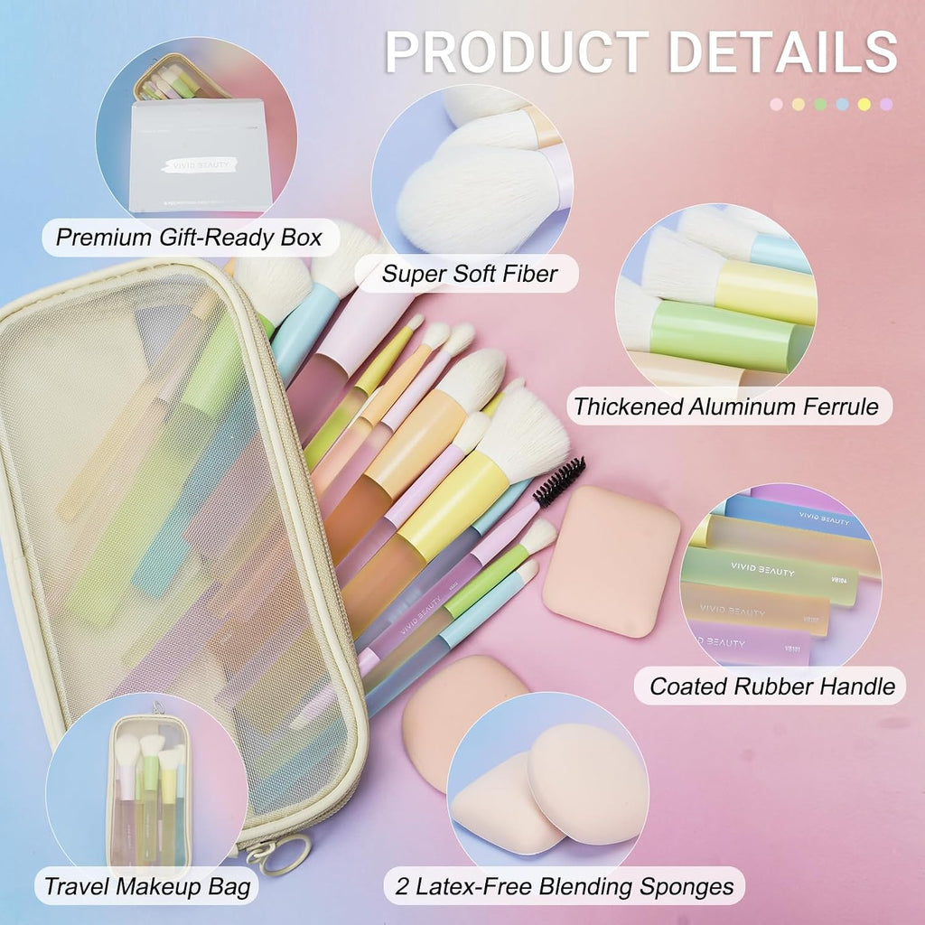 Makeup Brush Set, 18 Pcs Makeup Brushes with 2 Sponges & Travel Bag, Colorful Make up Brushes for Foundation Powder