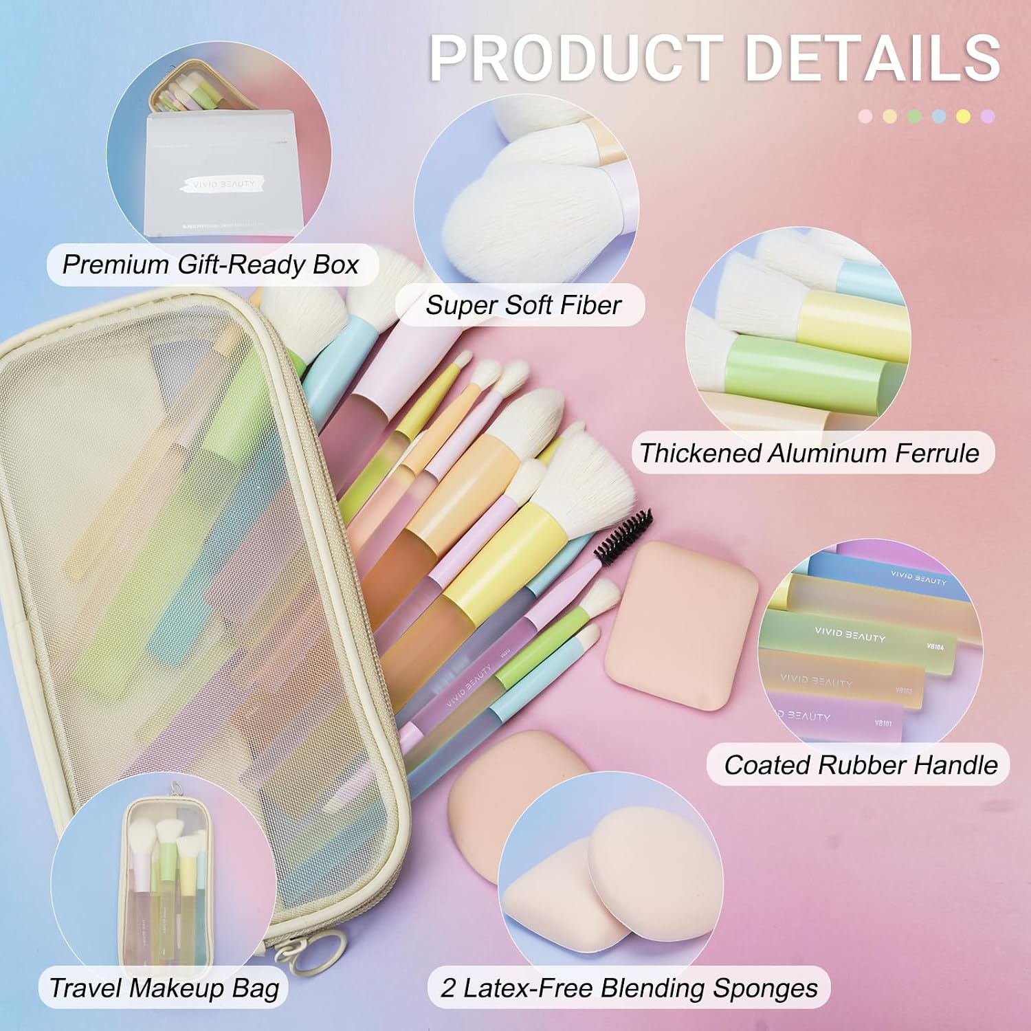 Makeup Brush Set, 18 Pcs Makeup Brushes with 2 Sponges & Travel Bag, Colorful Make up Brushes for Foundation Powder