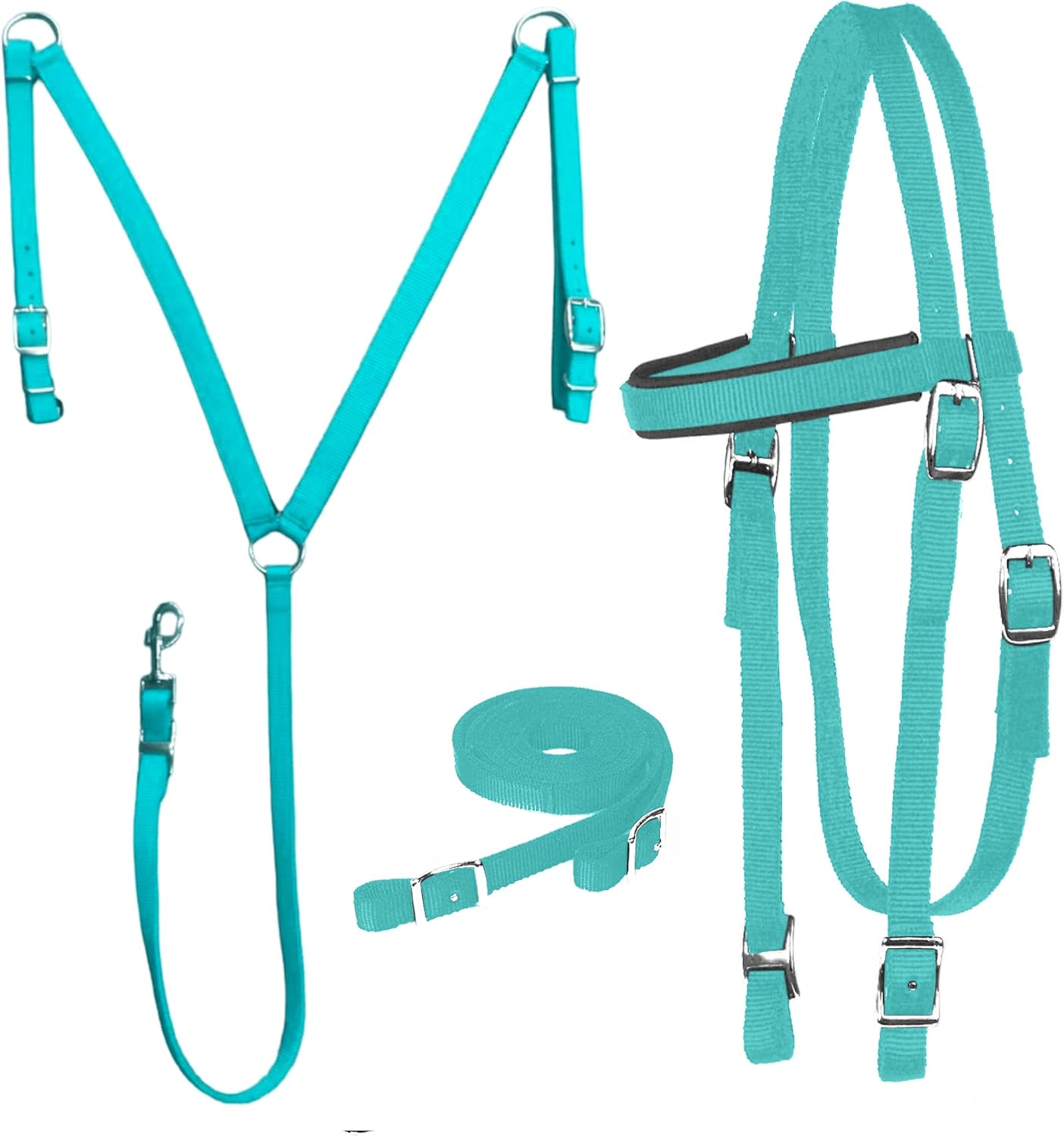 Nylon Padded Equestrian Browband Headstall, Reins & BreastCollar Set for Horse- Full