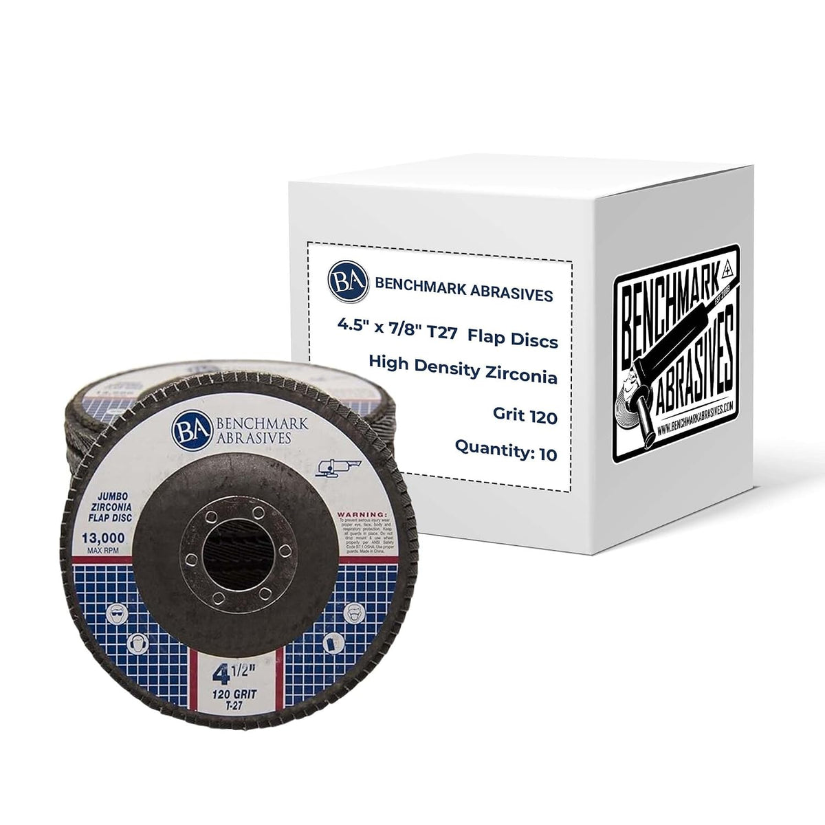 Benchmark Abrasives 4.5" x 7/8" Zirconia Type 27 Flap Discs, 120 Grit