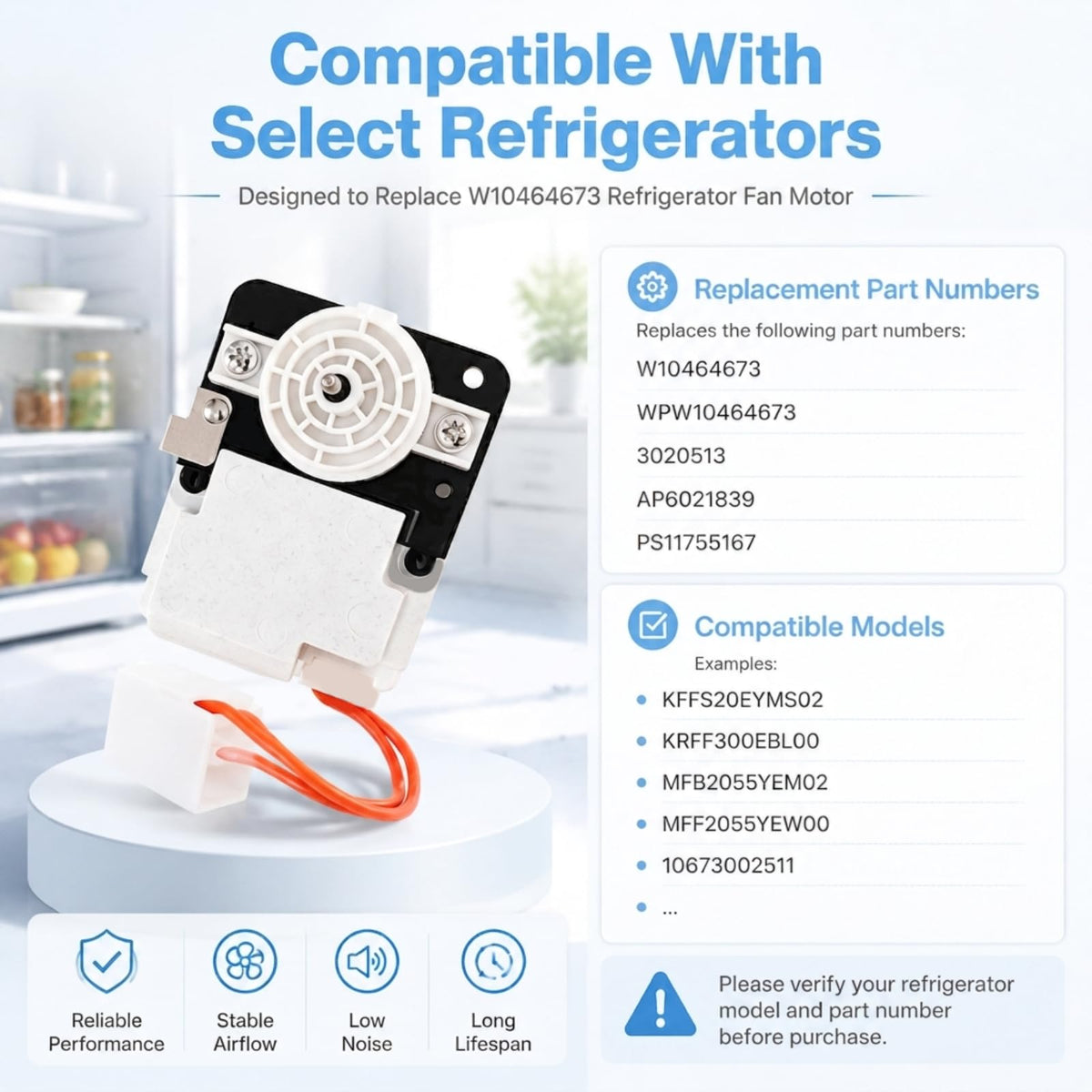 W10464673 Refrigerator Evaporator Fan Motor, Compatible with Whirlpool Replace Parts AP6021839 3020513 WPW10464673 PS7320664 PS11755167 KFFS20EYMS02 KRFF300EBL00 KRFF300EBS00 Refrigerators