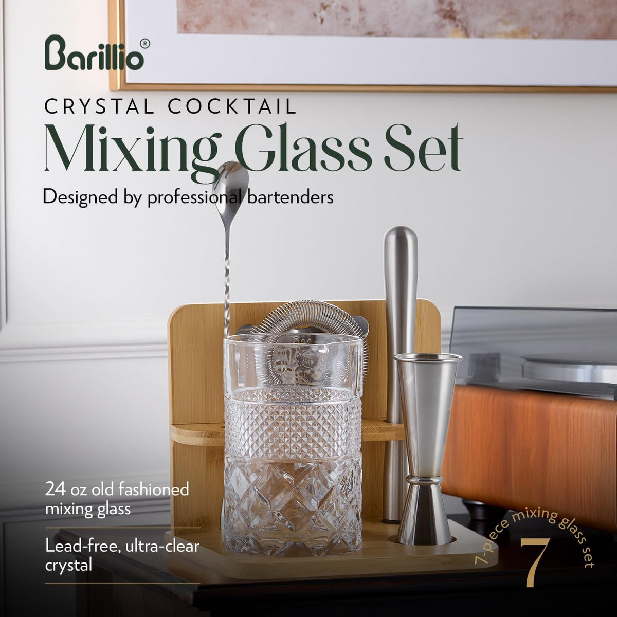 24 Oz Crystal Cocktail Mixing Glass with Bamboo Stand & Bar Tools | Seamless Lead-Free Crystal, Weighted Base