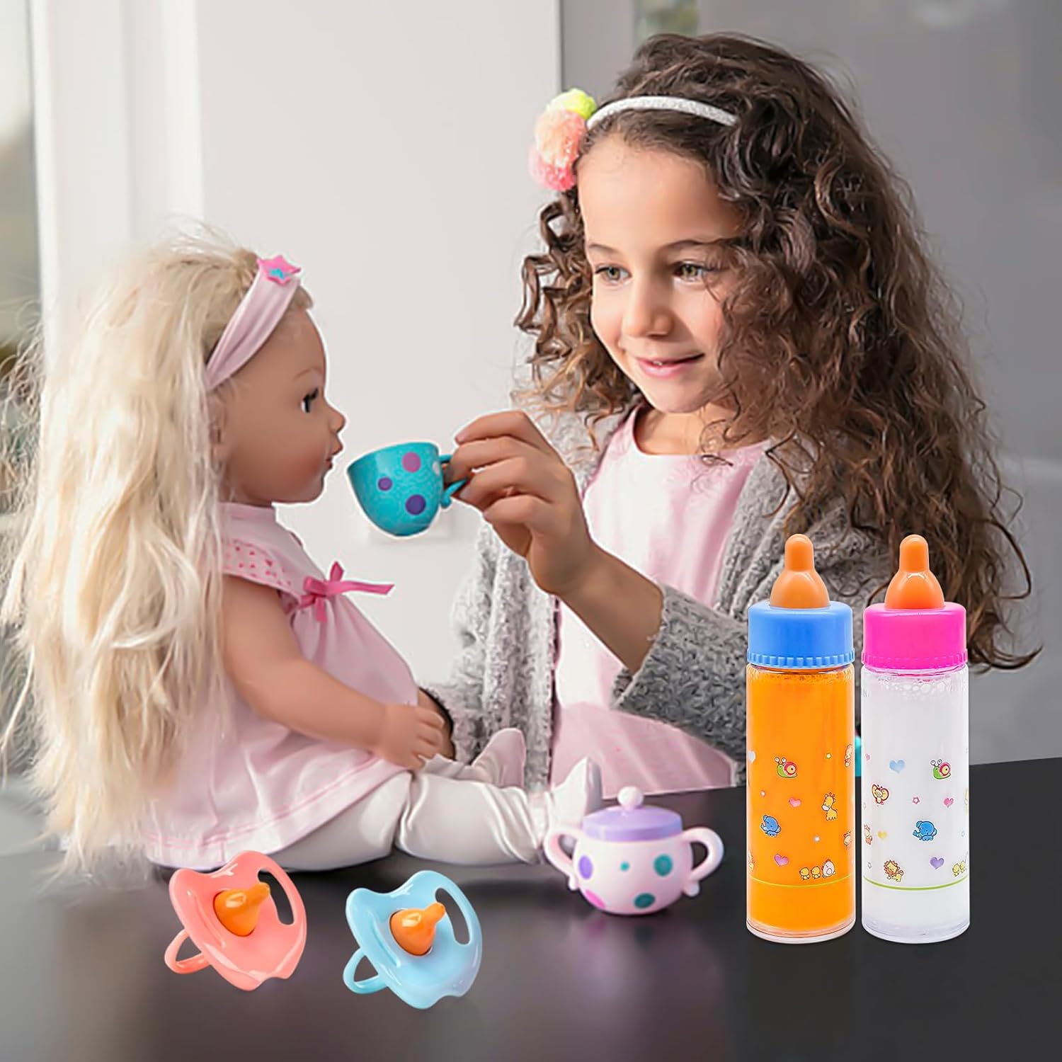 15 PCS Baby Doll Accessories Magic Bottle Set,Pretend Play Feeding Toys,Doll Feeding Set with Package for