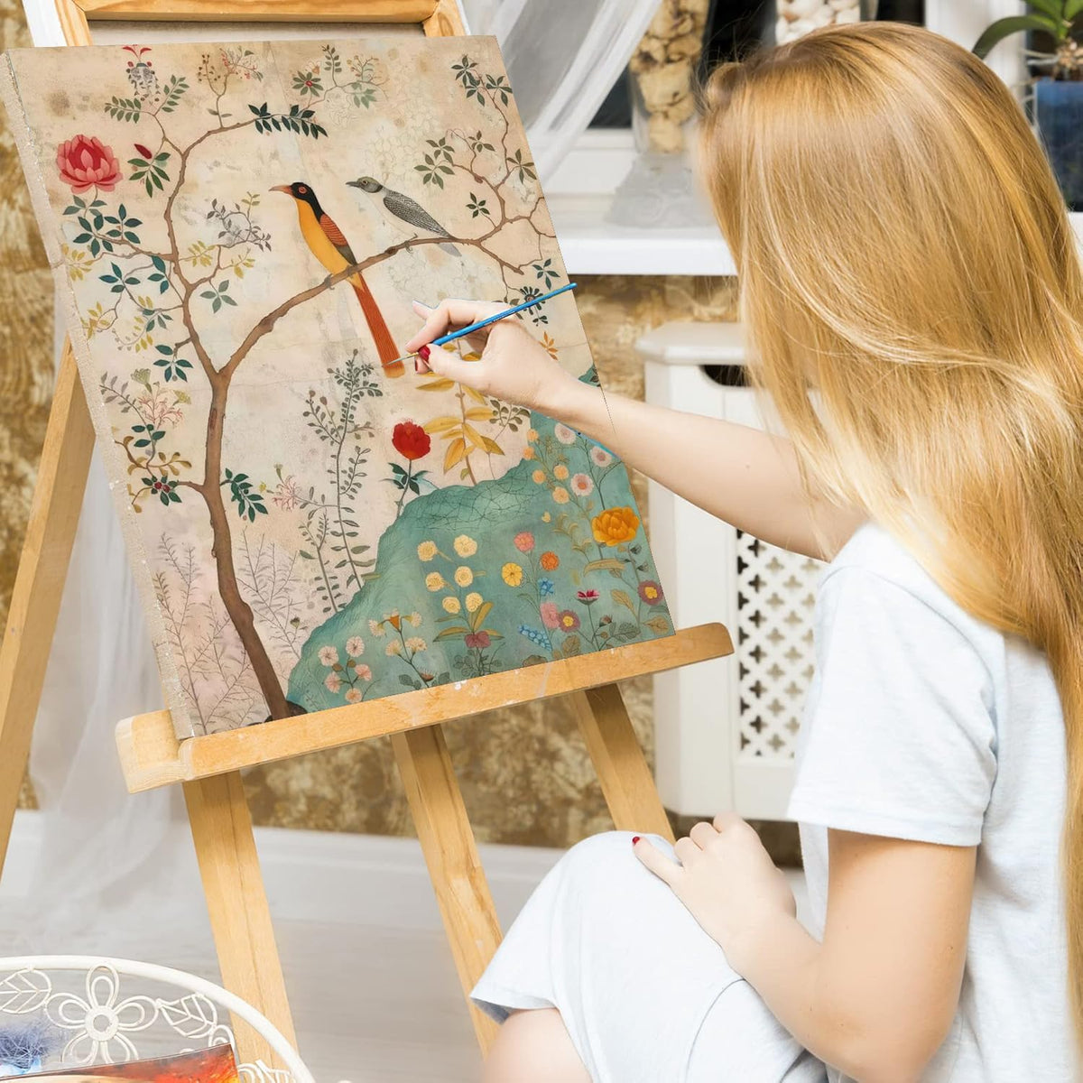 Persian Birds Flowers Paint by Numbers Kit for Adults Beginner, with Framed