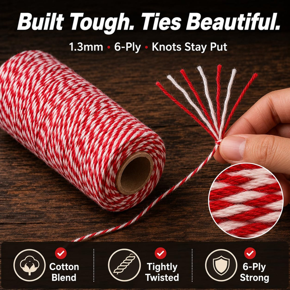 Red and White Bakers Twine, 656 Feet x 1.3mm
