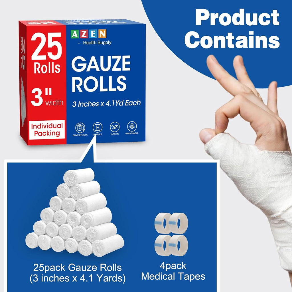 25 Pack Gauze Rolls Bandages, 3 in x 4.1 Yards, Premium Medical Supplies & First Aid Supplies, Bandage Wrap Vet Wrap