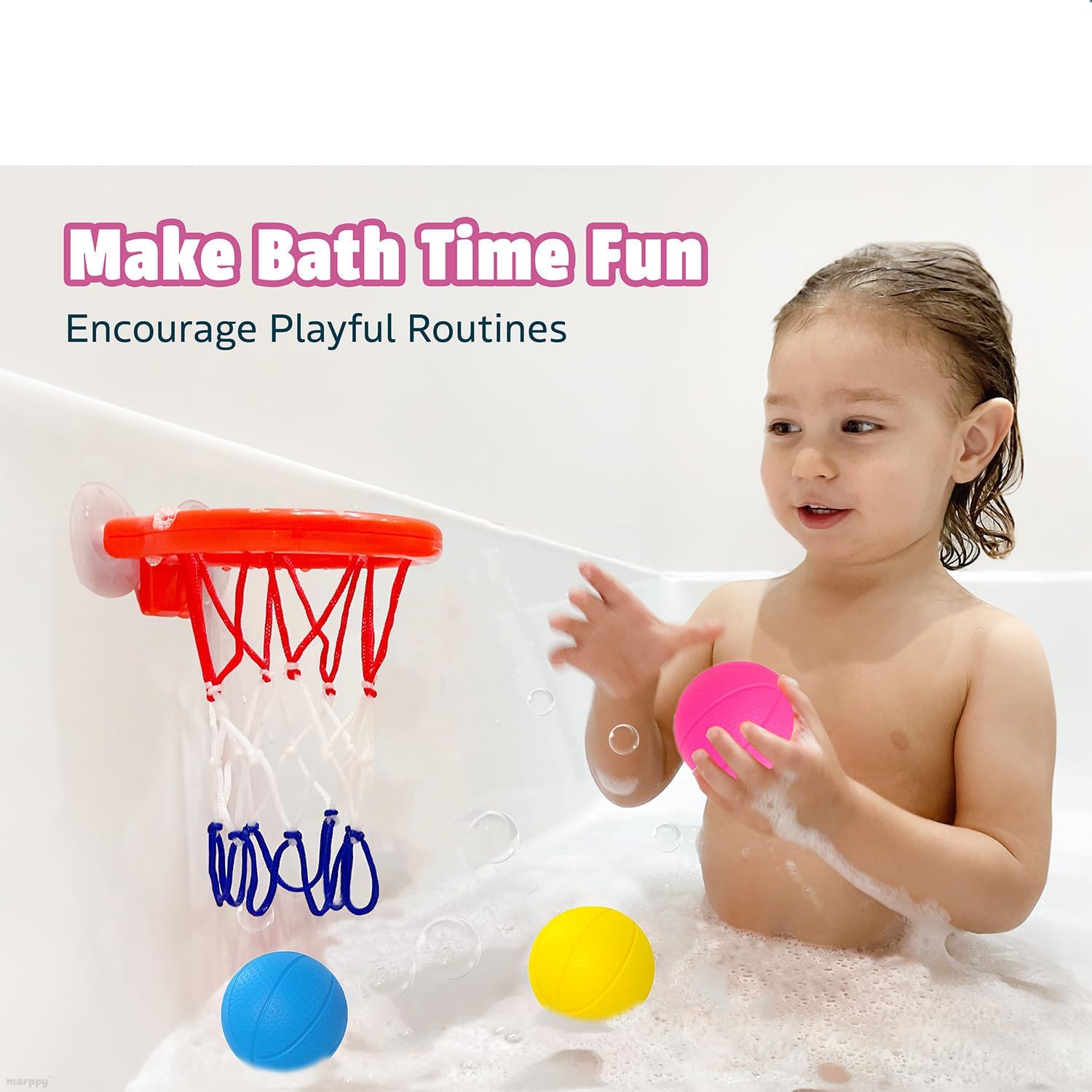 Bath Toys - Bathtub Basketball Hoop for Toddler Kids | with 3 Colorful Mold-Free Balls Set and Strong Suction Cups