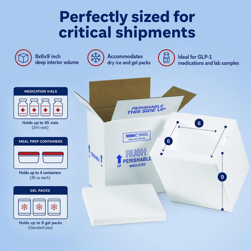 Insulated Shipping Boxes, 8" x 6" x 9", White (8-Pack)