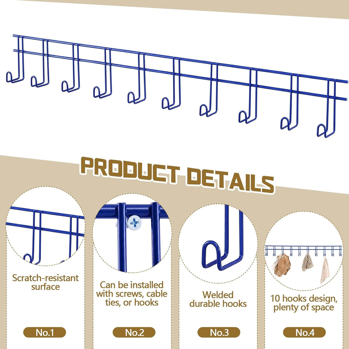2 Pack 10 Hook Bridle Rack, Metal Tack Room Wall Organizer, Blue