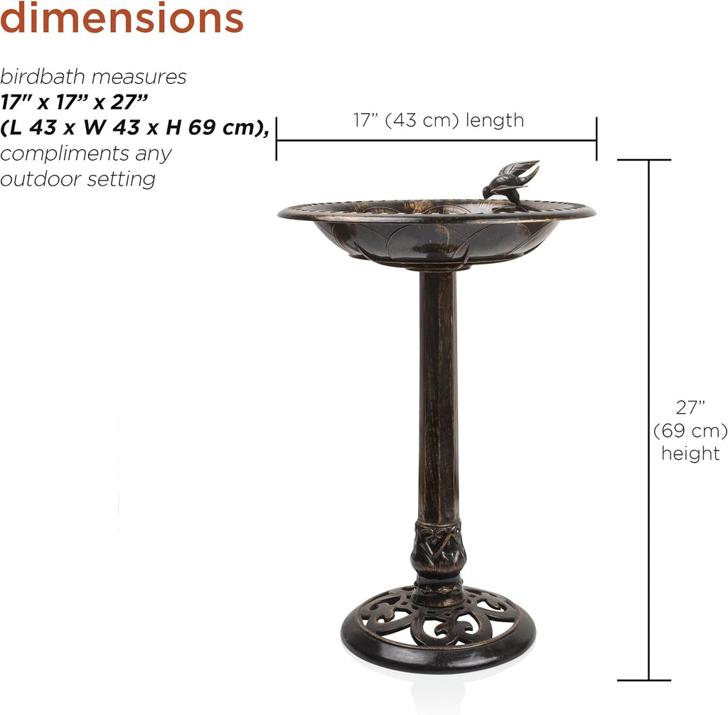 27" Tall Outdoor Antique Pedestal Birdbath with Bird Statue Decor, Durable Polypropylene Construction, Bronze