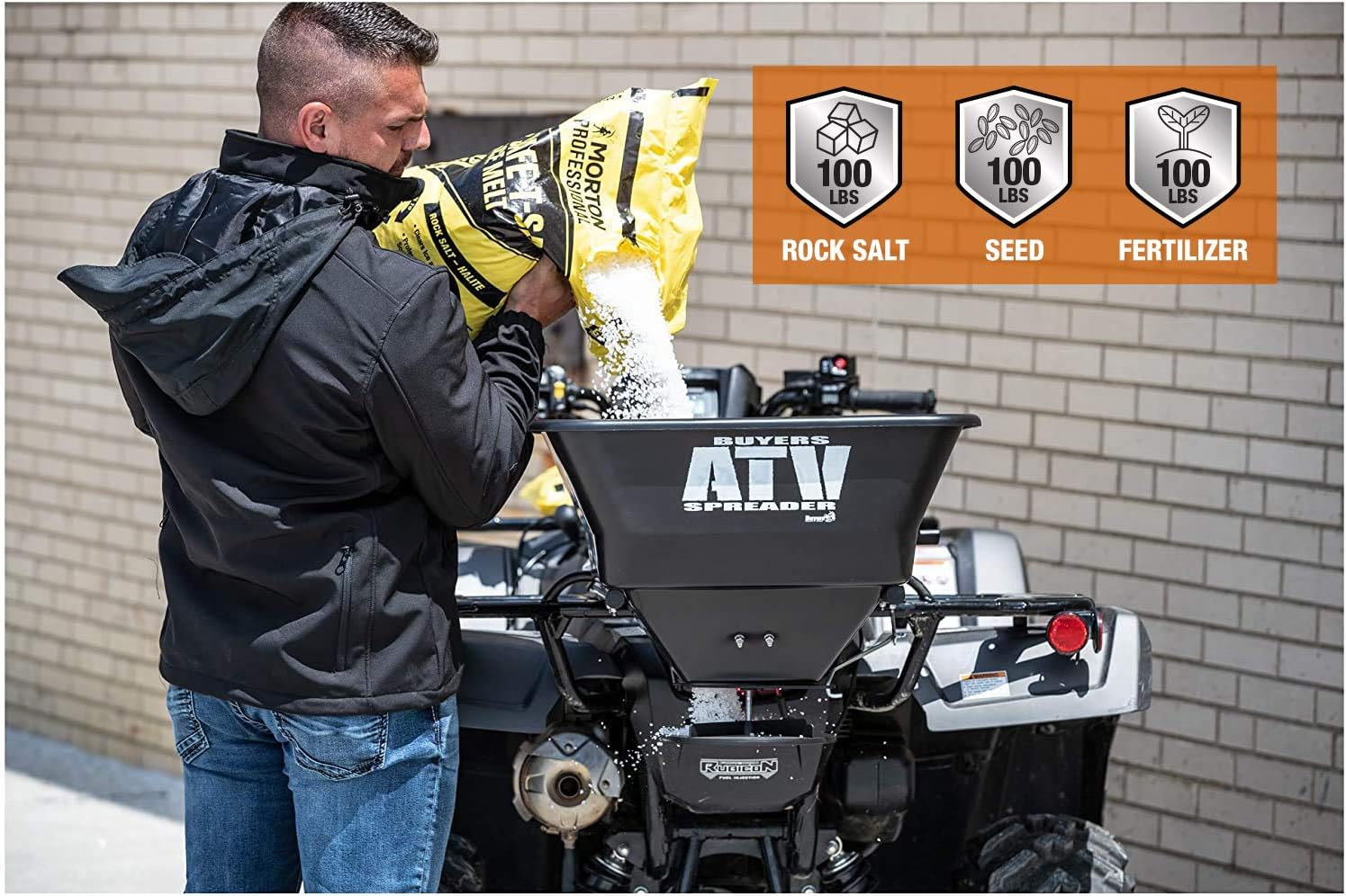 Buyers Products ATVS100 ATV Broadcast Spreader with Rain Cover, 100 lb Capacity, Rear Rack Mount, Poly Hopper, 12V Motor