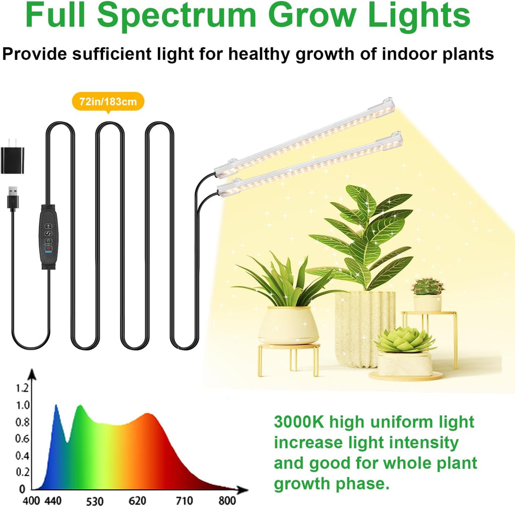 8.6'' Mini LED Grow Light Strips, Full Spectrum 3000K, 52 LED Plant Light with 3/9/12H Timer, 10 Dimmable Levels for