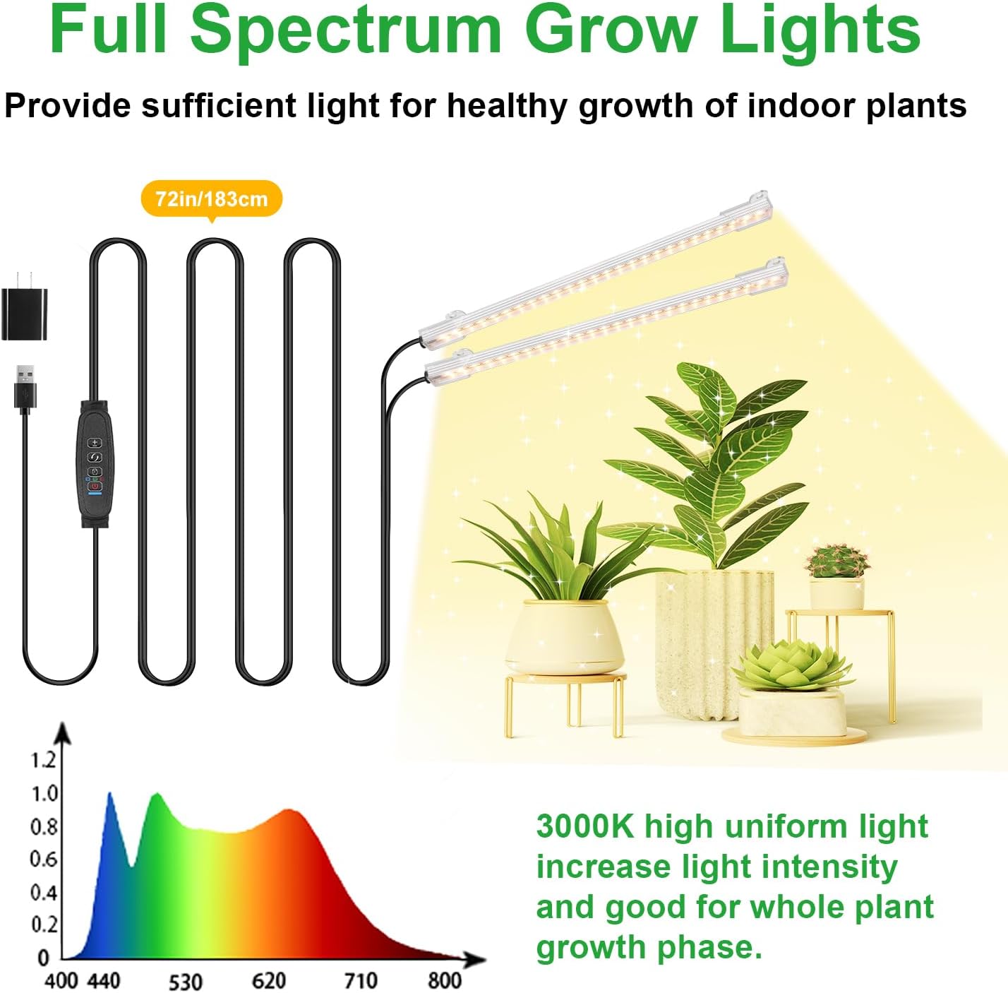 8.6'' Mini LED Grow Light Strips, Full Spectrum 3000K, 52 LED Plant Light with 3/9/12H Timer, 10 Dimmable Levels for