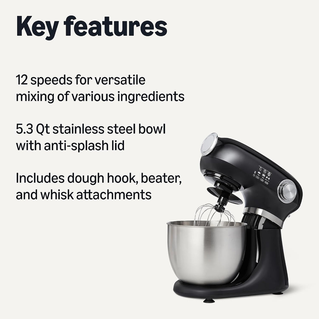 Tilt-Head Stand Mixer with 5.3Qt Bowl, Dough Hook, Beater and Whisk, 12 Speeds, 350W, Black