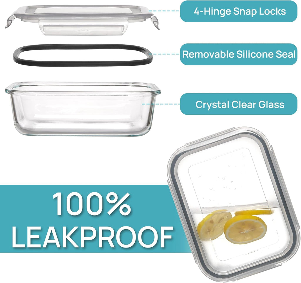 5Pack 22oz Glass Storage Containers with Lids, Glass Meal Prep Food Container Sets with Snap Airtight Lid for