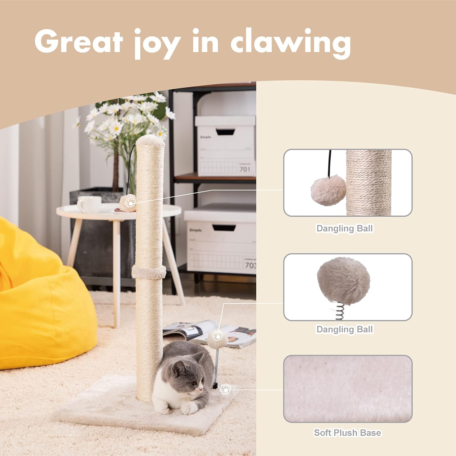 34” Tall Cat Scratching Post Premium Basics Kitten Scratcher Sisal Scratch Posts Trees with Hanging Ball for Indoor