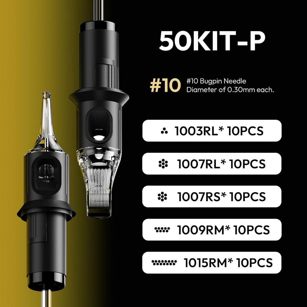 Tattoo Needle Cartridges 50PCS Assorted Size #10 (3RL 7RL 7RS 9RM 15RM) *10Pcs Each Disposable Tattoo Cartridge Round