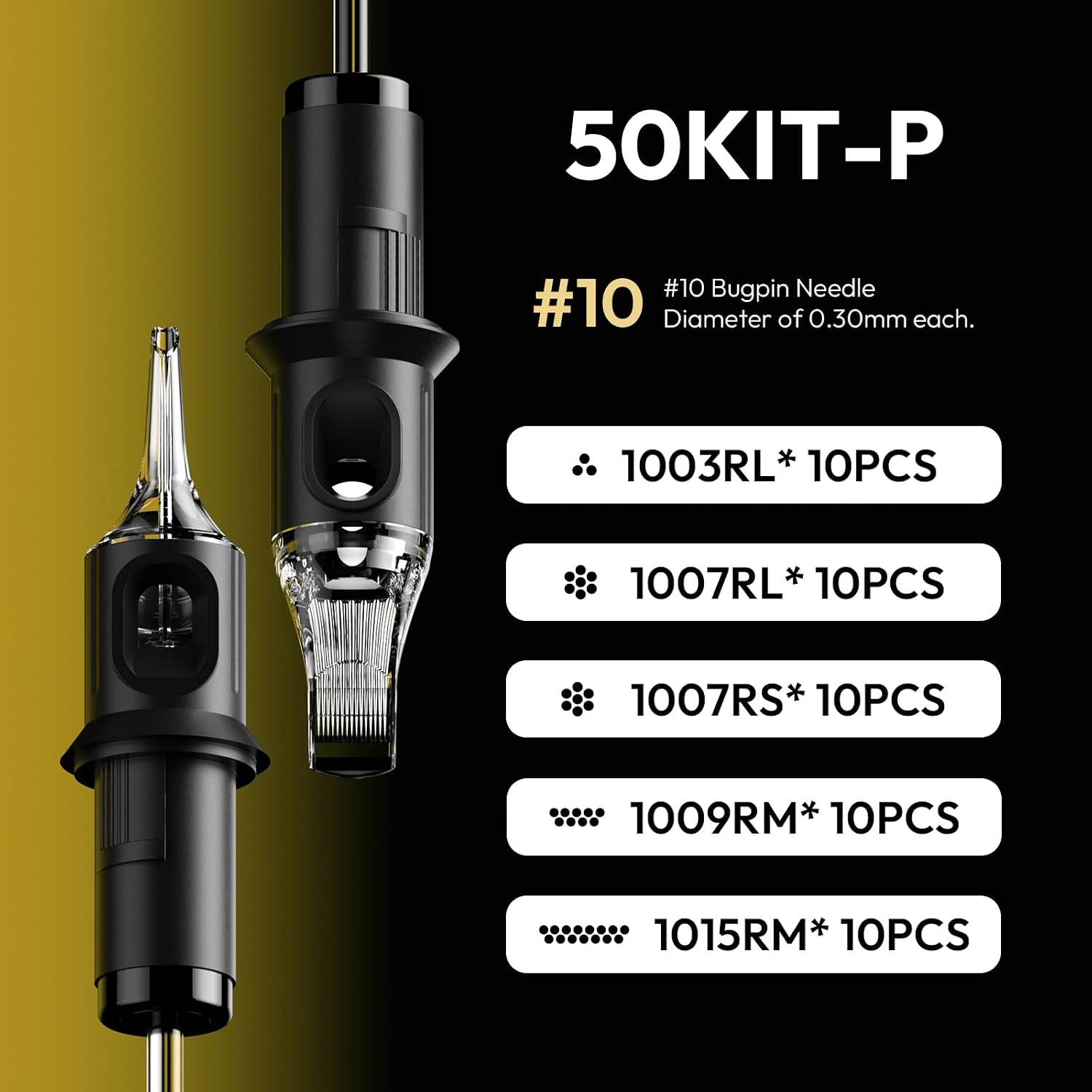 Tattoo Needle Cartridges 50PCS Assorted Size #10 (3RL 7RL 7RS 9RM 15RM) *10Pcs Each Disposable Tattoo Cartridge Round