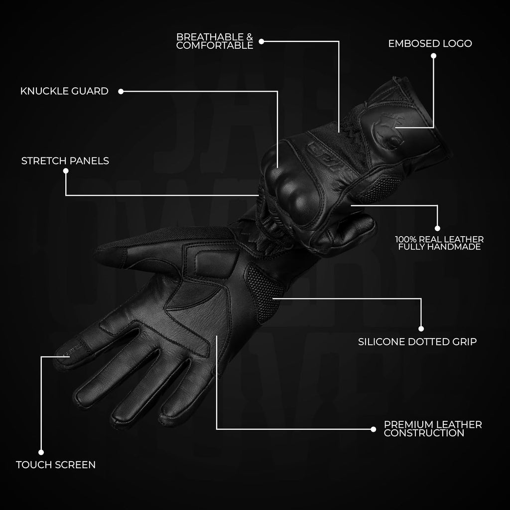 Motorcycle Gloves - Premium Leather Perforated Motorcycle Gloves for Men with Knuckle Protection | Touchscreen