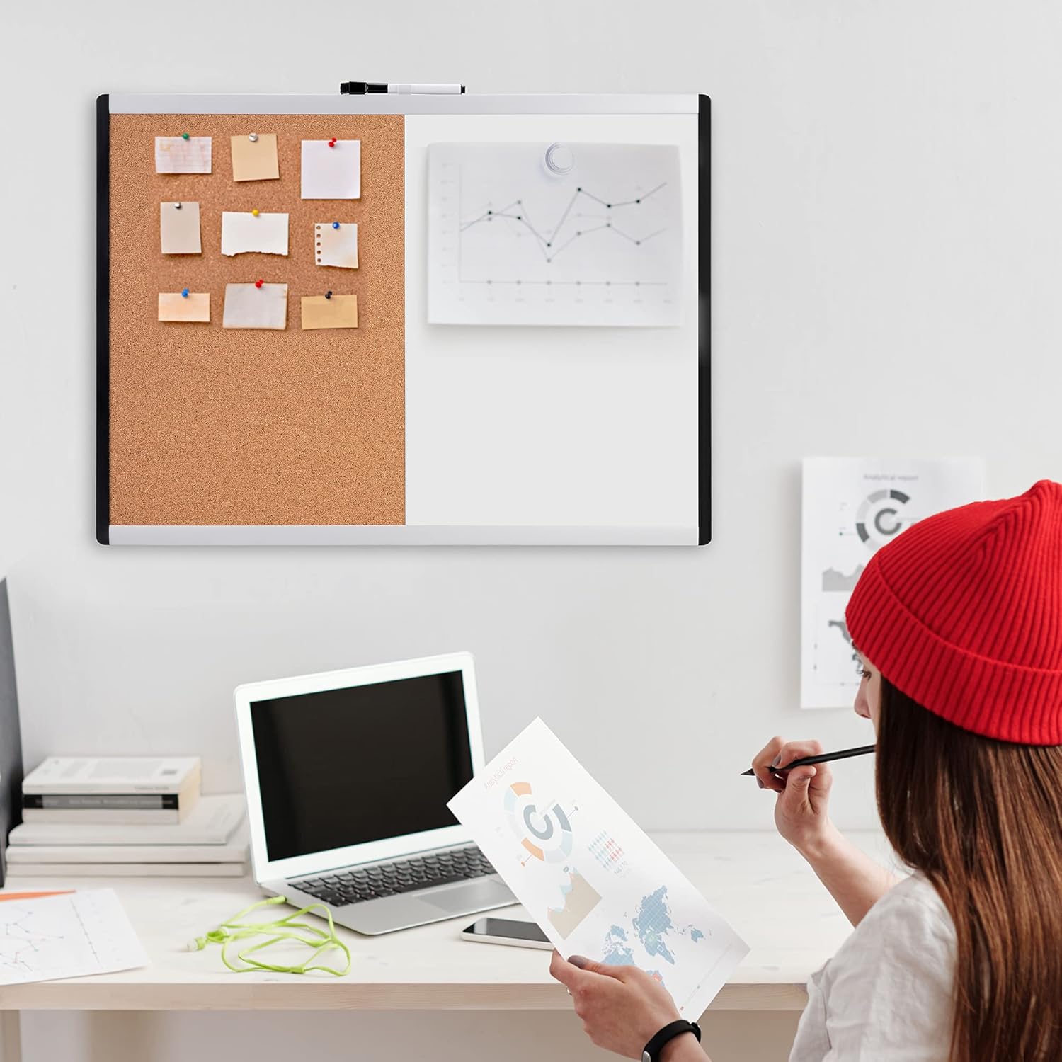 Magnetic Dry Erase Whiteboard & Cork Board Combo, Double-Sided, Lightweight, Easy to Install, Plastic/Aluminum Frame
