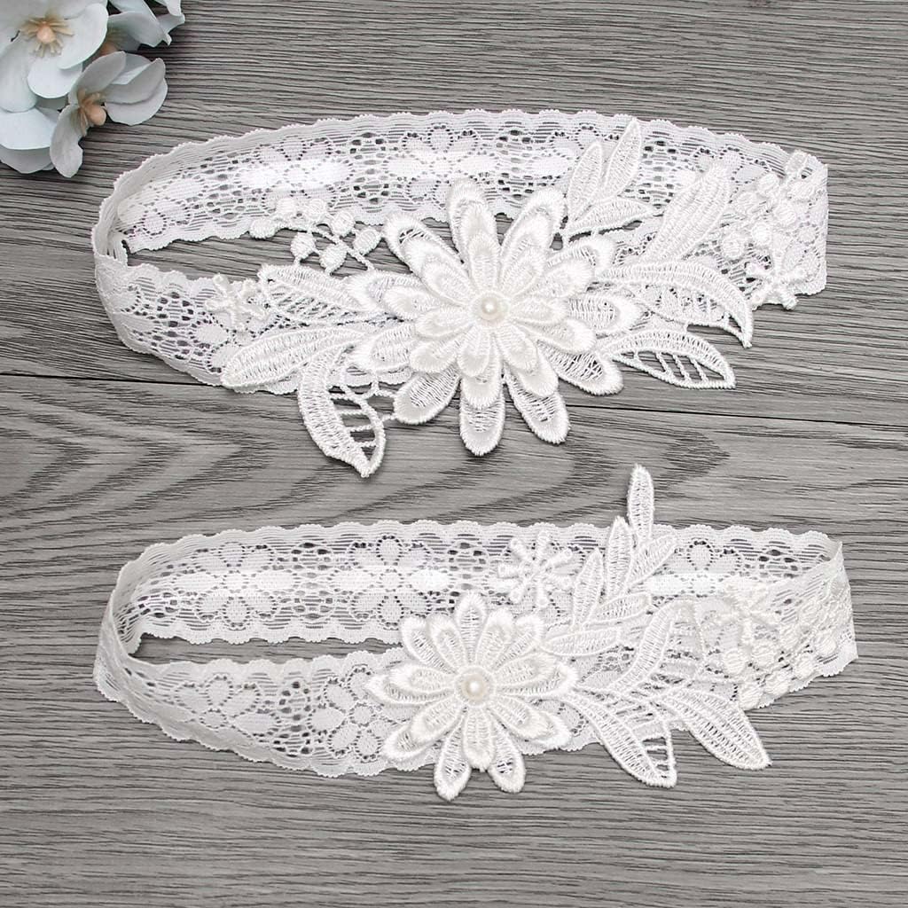 White Wedding Garters for Bride, Non Slip Silicone Lace Bridal Garters Set with Pearls Plus Size