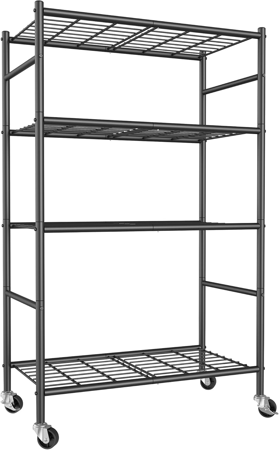 Storage Shelves Organizer - 4 Tier Metal Shelf Organizer with Metal Wheels and Adjustable Leveling Feet, Heavy Duty