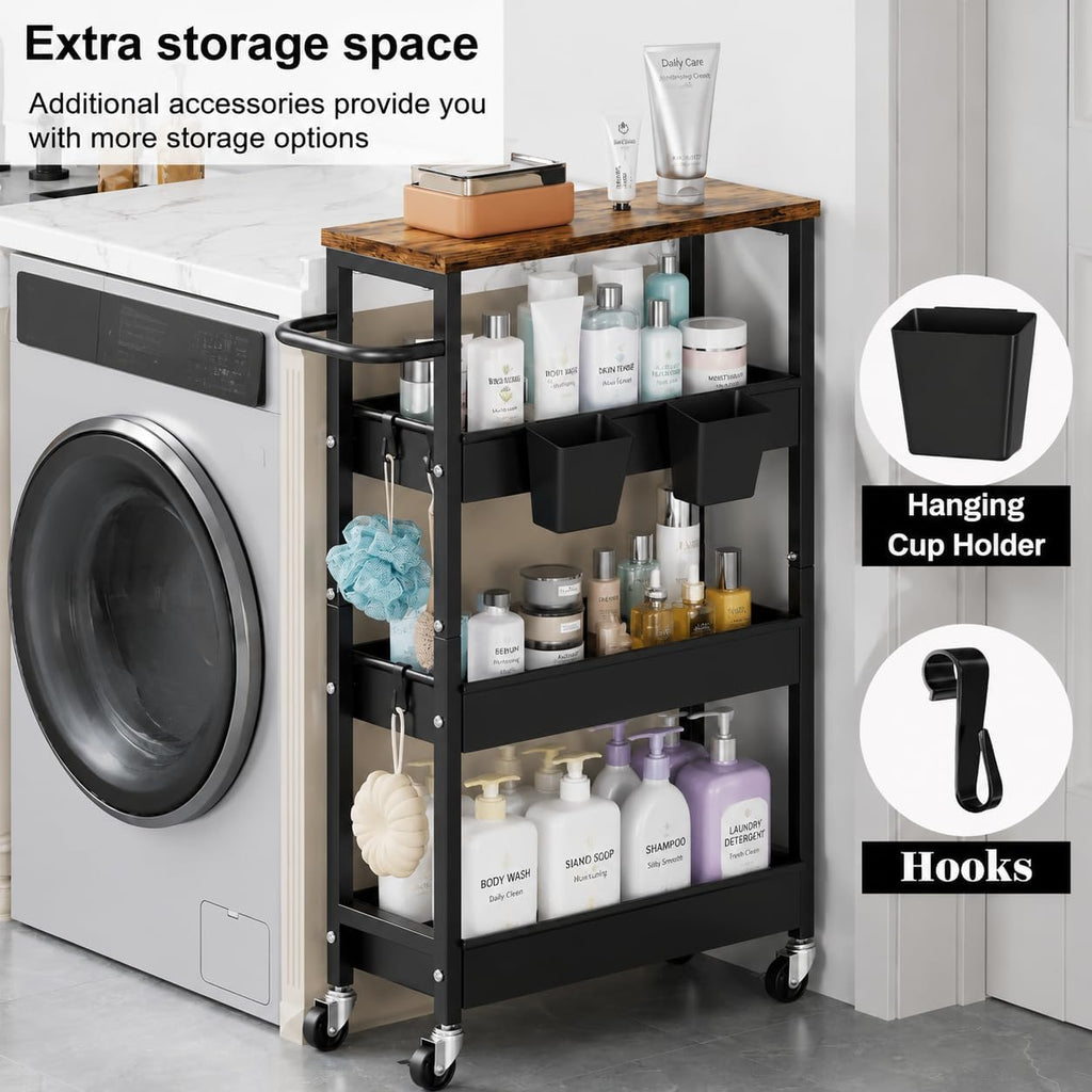 4 Tier Slim Rolling Storage Cart, Metal Narrow Kitchen Cabinet with Wheels, Laundry Room Organization and Storage
