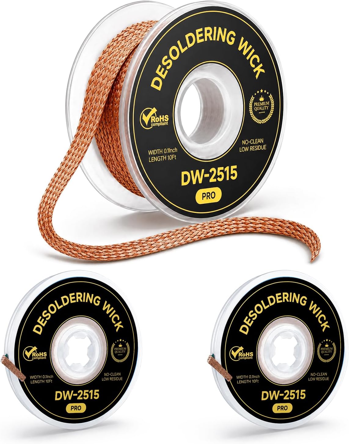 Solder Wick Braid 3-Pack, No-Clean Rapid Absorption Desoldering Wick, 0.1" Width 10ft Length (Total 30ft) Solder Sucker Wire for PCB Circuit Board Repair & Component Disassembly