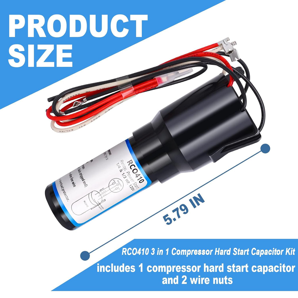 RCO410 3-in-1 Hard Start Capacitor Kit, Compatible with Refrigerators & Freezers, 1/4-1/3 H.P. 115VAC (2 pcs)