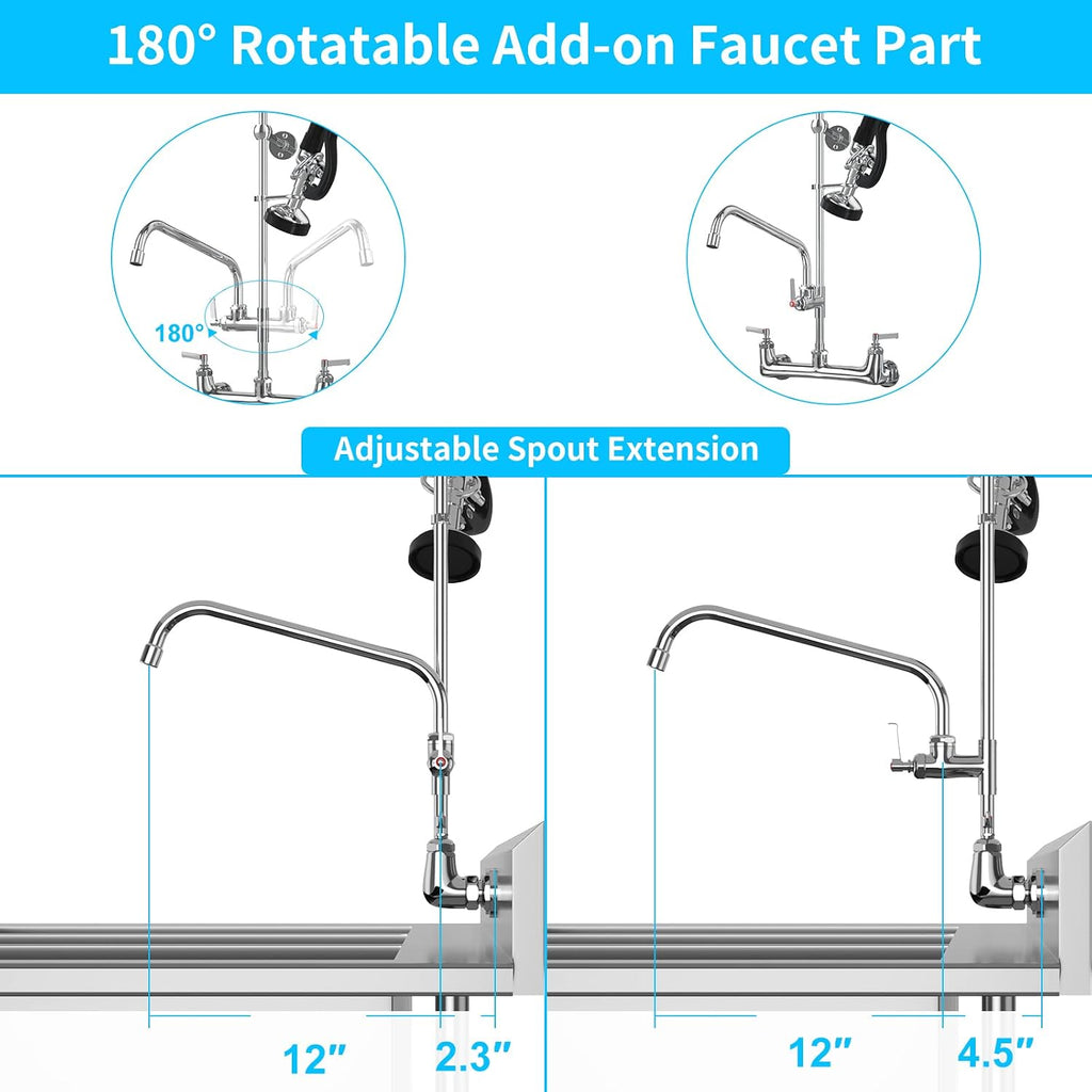 Commercial Faucet with Sprayer, 36" Height 8 Inch Center Brass Constructed Wall Mount Kitchen Sink Faucet with Pull