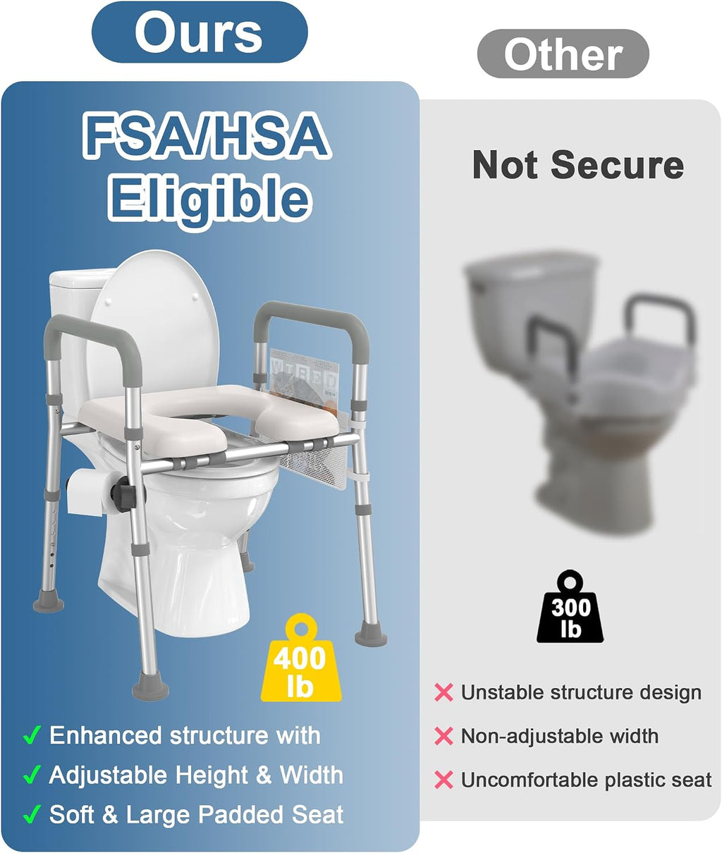 Raised Toilet Seat with Handles, Toilet Seat Riser for Seniors with Adjustable Height & Width, 400lb Handicap