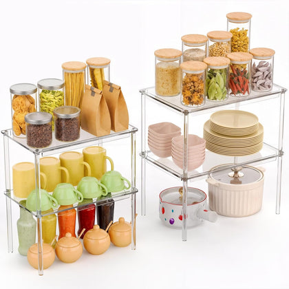 4-Pack Clear Acrylic Spice Racks 2 Large and 2 Small, Stackable Cabinet and Countertop Organizer Shelves for Kitchen