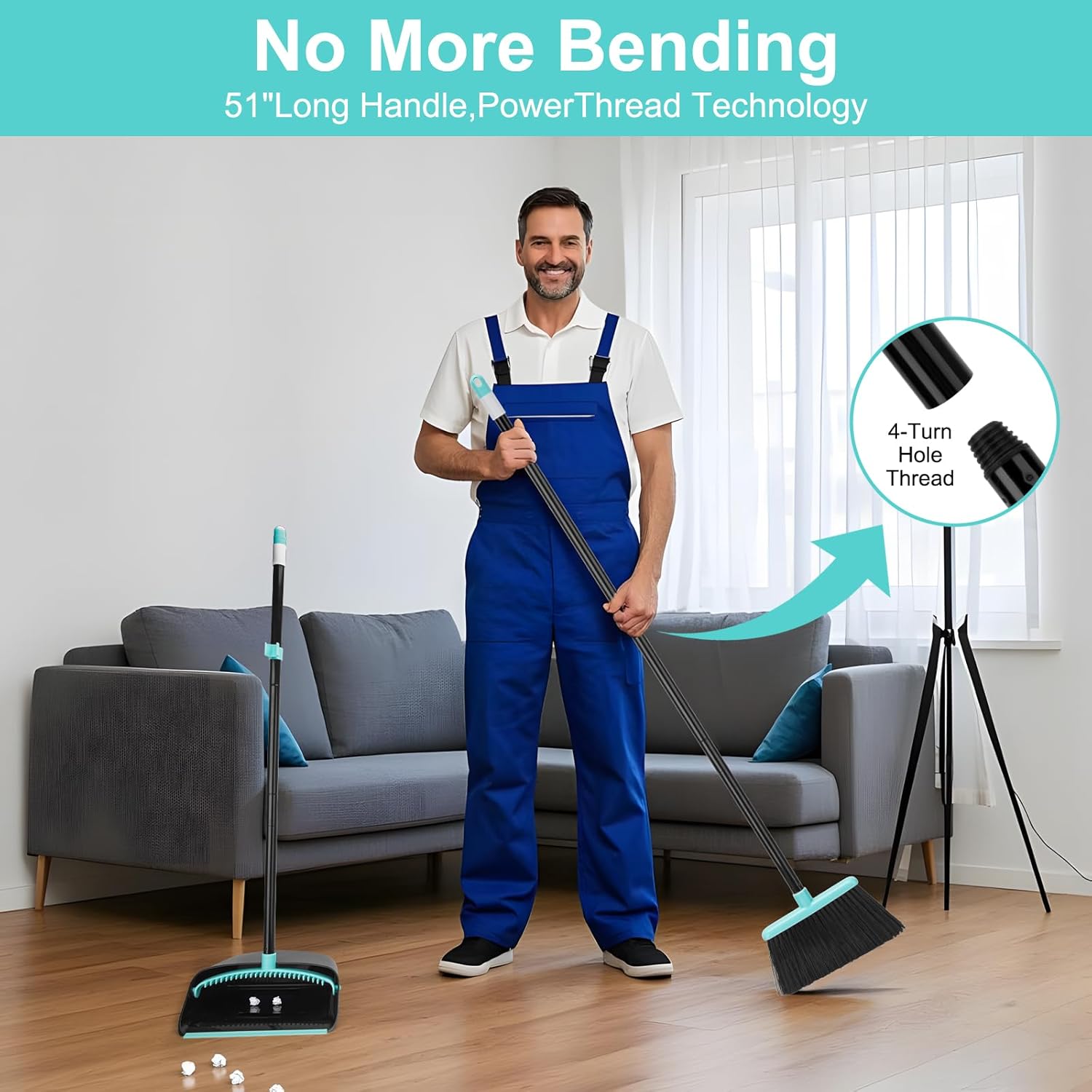 Upgrade Broom and Dustpan Combo Set, Extendable 52" Long Handle Broom for Easy Sweeping, Self-Cleaning Dust pan Teeth