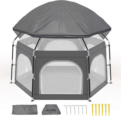 Baby Playpen with Canopy, Portable Outdoor & Indoor Baby Beach Tent for Babies and Toddlers, Foldable Play Yard with