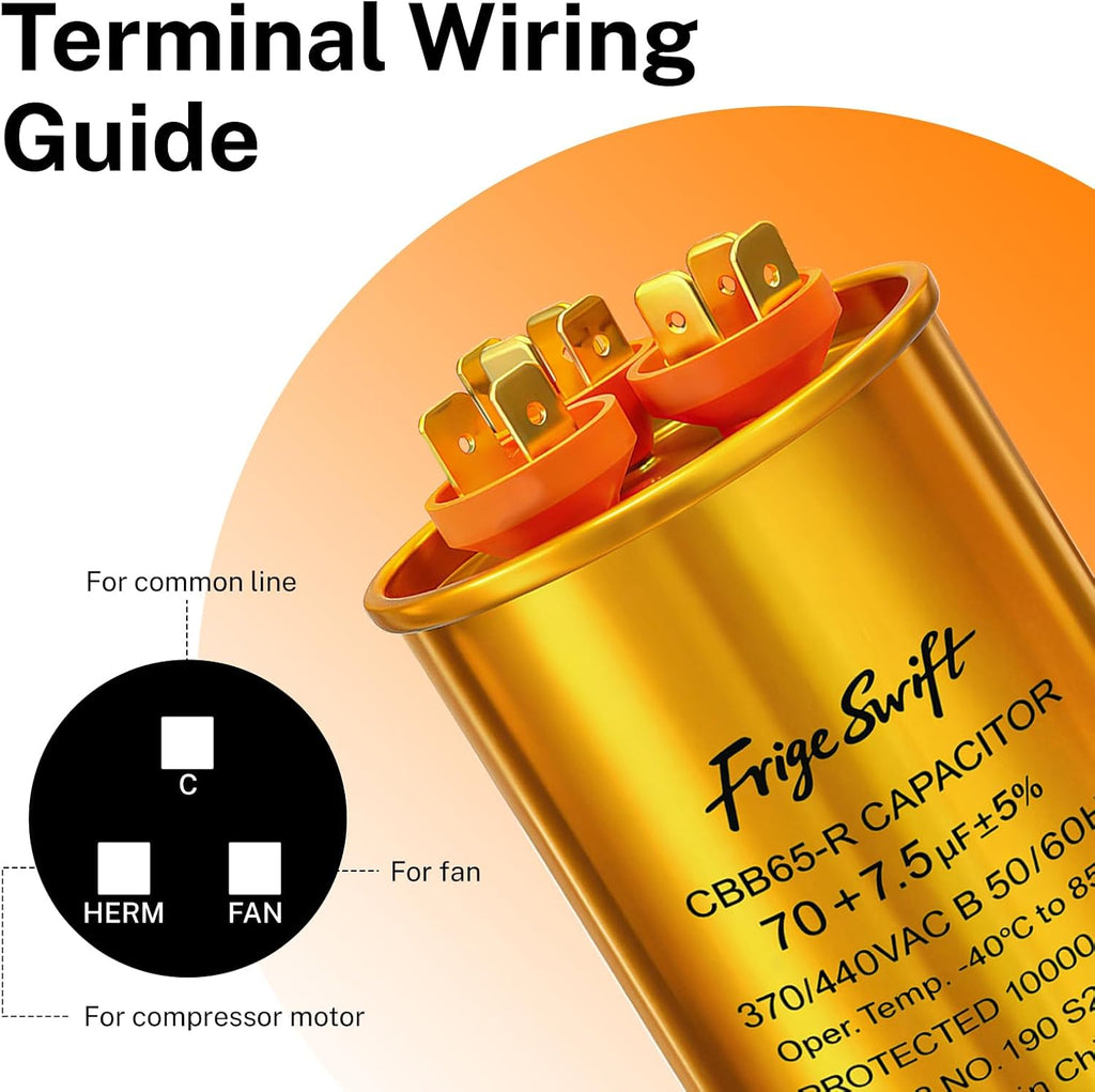 70+7.5 uF ±5% 370/440 VAC CBB65 Round Dual Run Capacitor 10-Pack