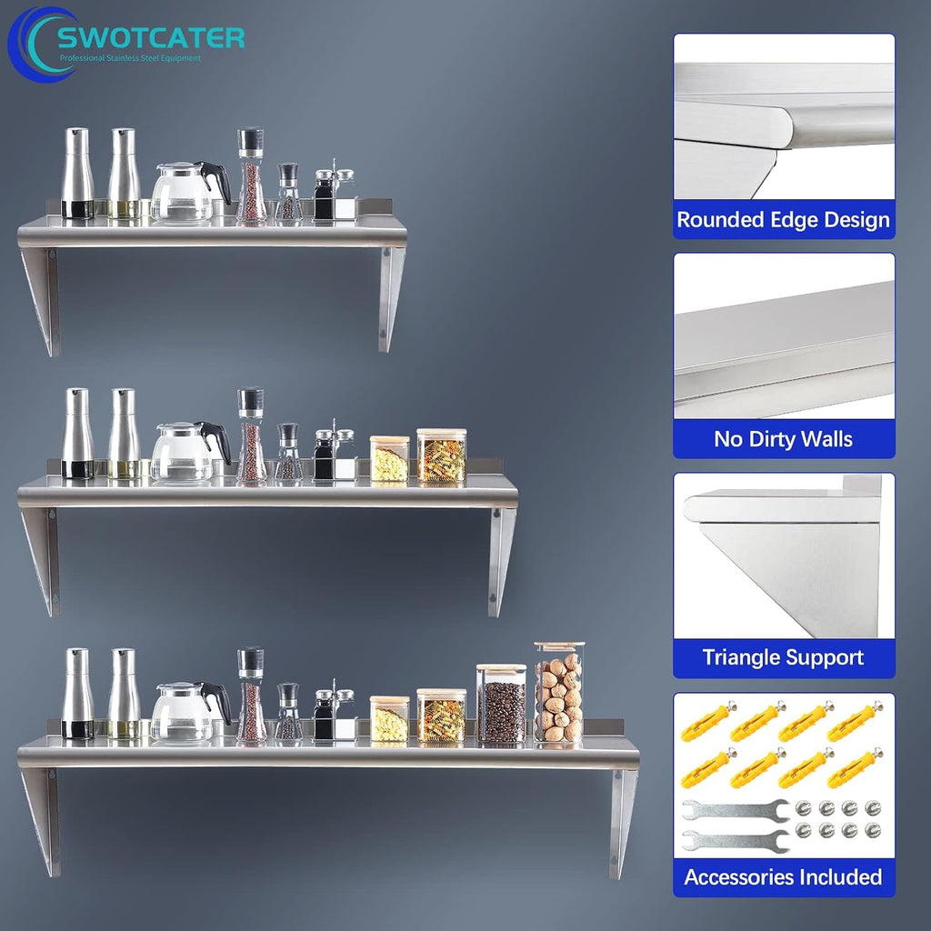 Stainless Steel Shelf 2 Pack 12"x36", Wall Mounted Metal Shelves