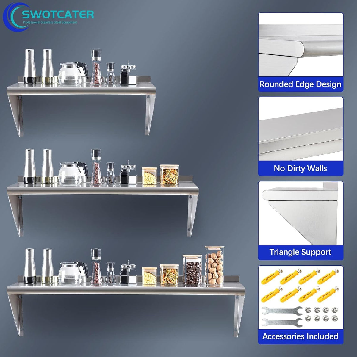 Stainless Steel Shelf 2 Pack 12"x36", Wall Mounted Metal Shelves