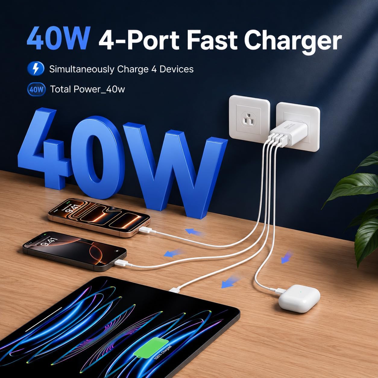 USB C Wall Fast Charger Block, 40W 4-Port Type C Charger Fast Charging Blocks PD Power Charger Adapter+QC 3.0 USB