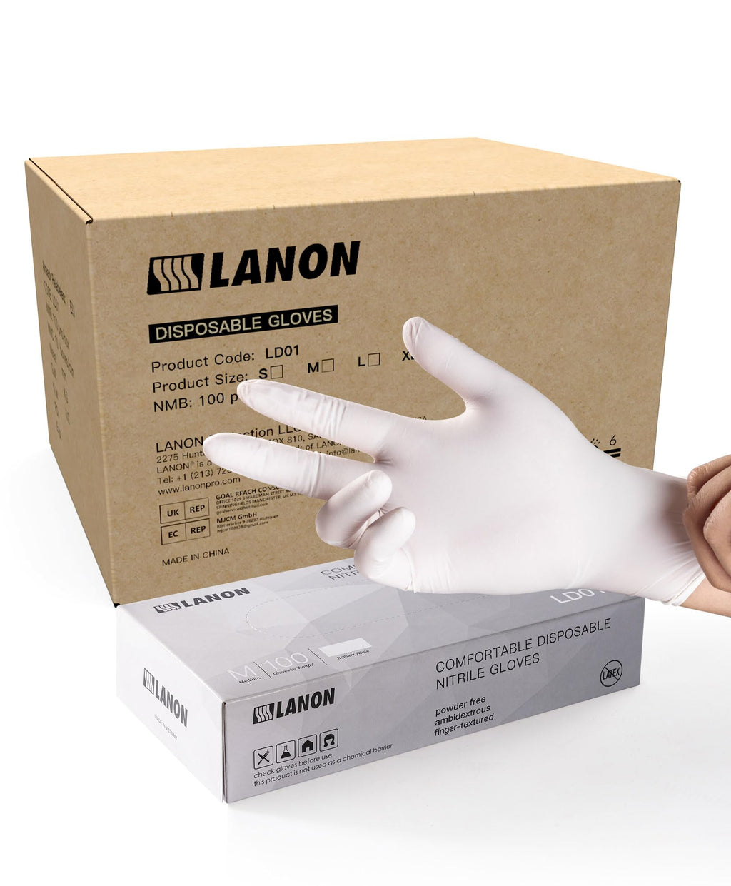 LANON Food Safe White Disposable Nitrile Gloves,Full Container Load, Medium