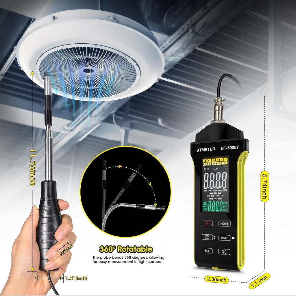 BTMETER Hot Wire Anemometer - CFM/CMM Air Flow Meter Measuring 0.2-67 Mph