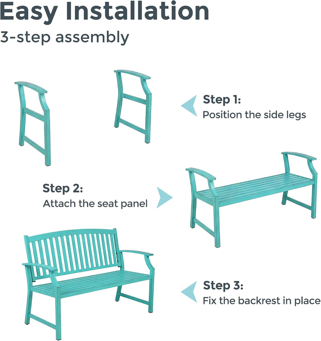 52" Farmhouse Outdoor Bench with Armrest, Turquoise Blue | Anti-rust Aluminum Frame, Faux Wood Grain Finish