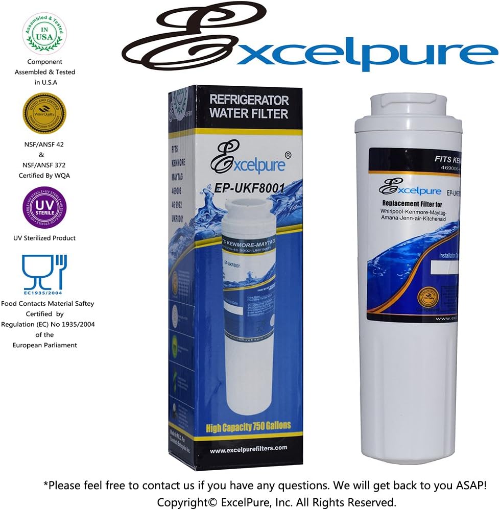 EXCELPURE UKF8001 Replacement for Whirlpool FILTER 4, EDR4RXD1, 4396395, WRX735SDBM00, RWF0900A, EFF-6007A, MFI2568AES, MFI2569VEM, RFC0900A, WF295, PURICLEAN II, Refrigerator Water Filter, 1PACK