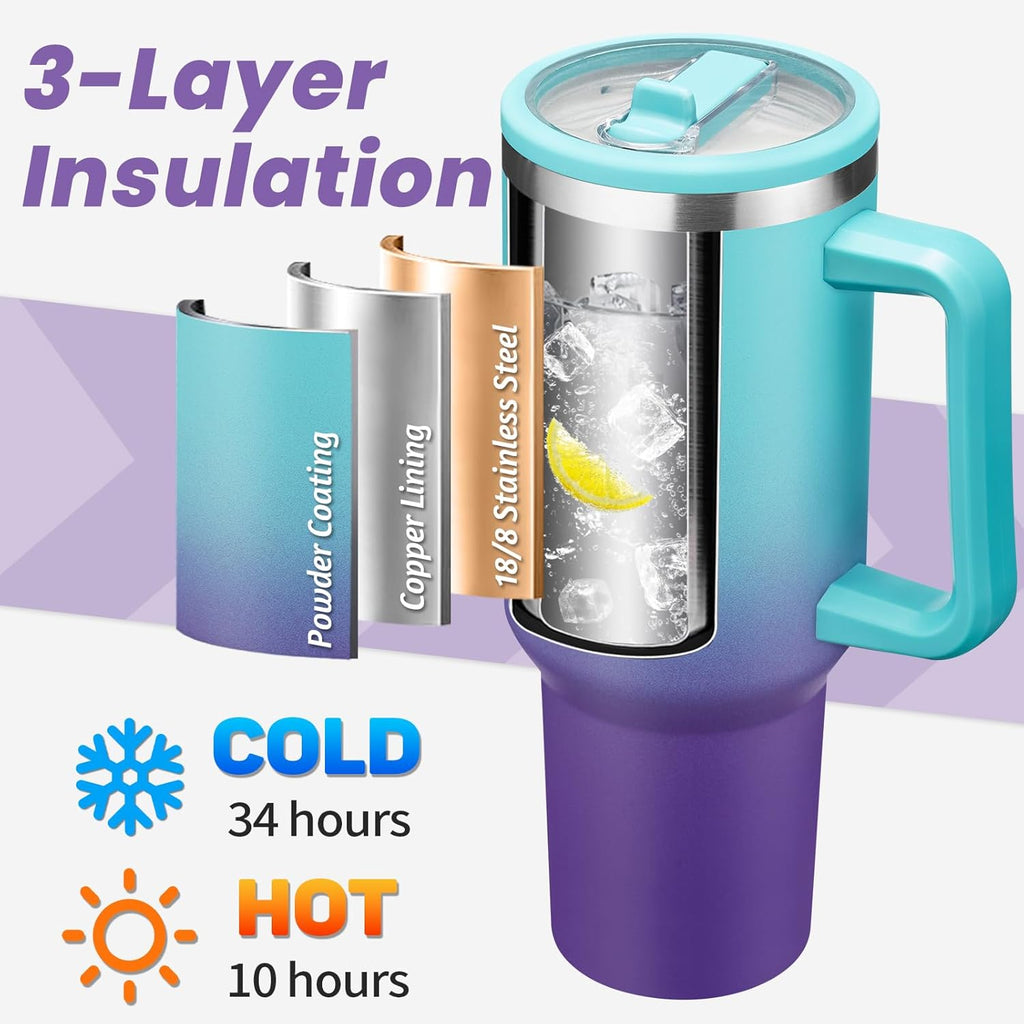40 oz Leak-Proof Travel Tumbler with Handle & Flip Straw - Insulated Stainless Steel Mug Keeps Drinks Cold 34 Hours &