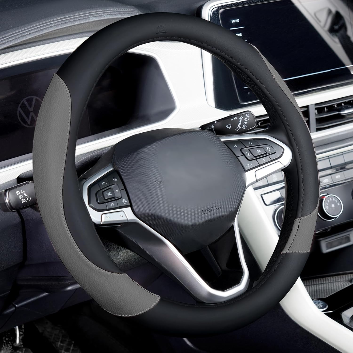 Car Steering Wheel Cover, Nappa Leather Black & Gray Steering Wheel Covers, Universal 14-15 inch, Anti-Slip