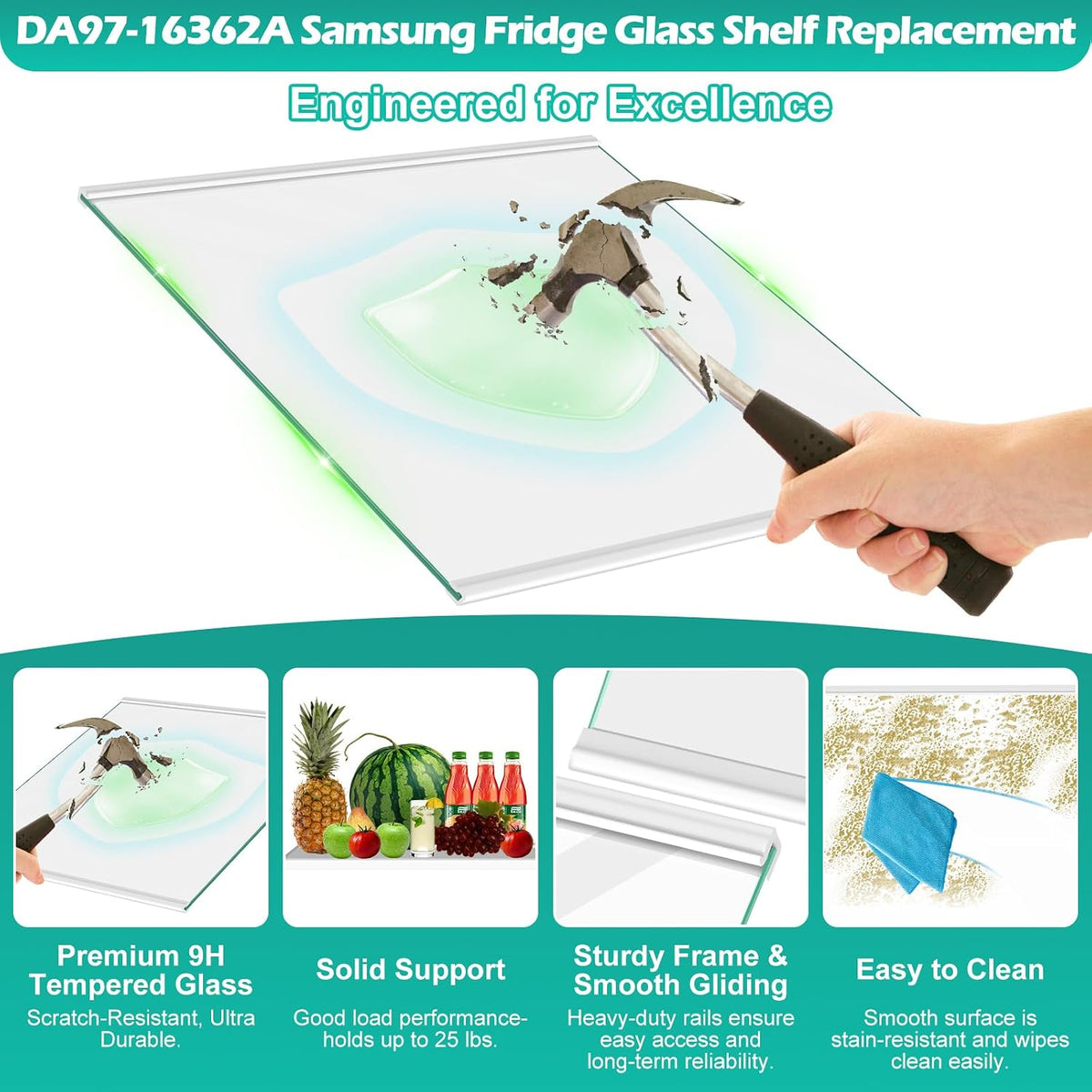 UPGRADED DA97-16362A Refrigerator Glass Shelf Compatible with Samsung Fridge Shelf Replacement DA97-16362T Fit models RS22T5561SG RS23A500ASR RS22T5201SR RS22T5561SR Shelves Upper Tempered Glass